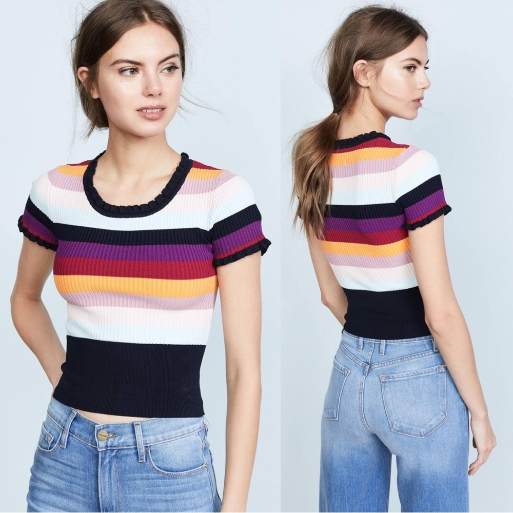 Cinq à Sept Colorful Striped Ruffle Tee